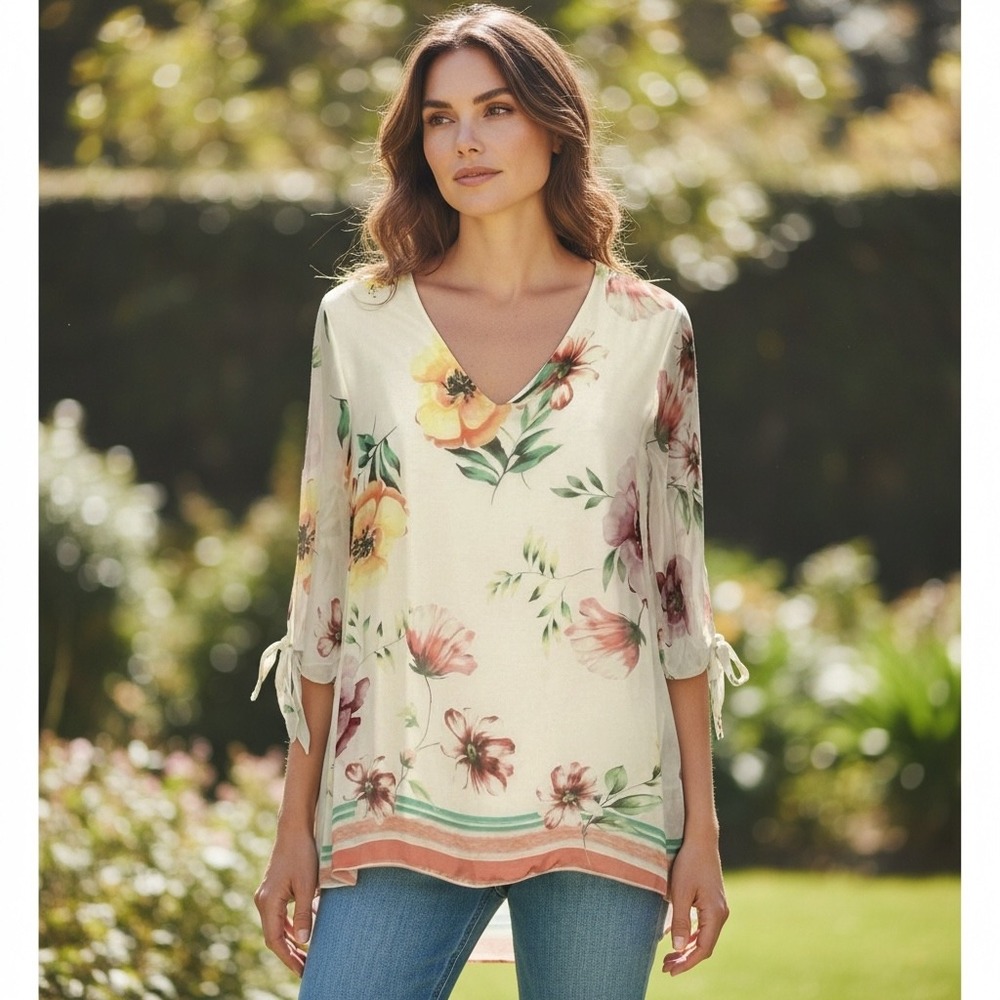 Belle France‎ Womens  Top M Ivory Colorful Floral Sheer Tunic Boho Cottagecore